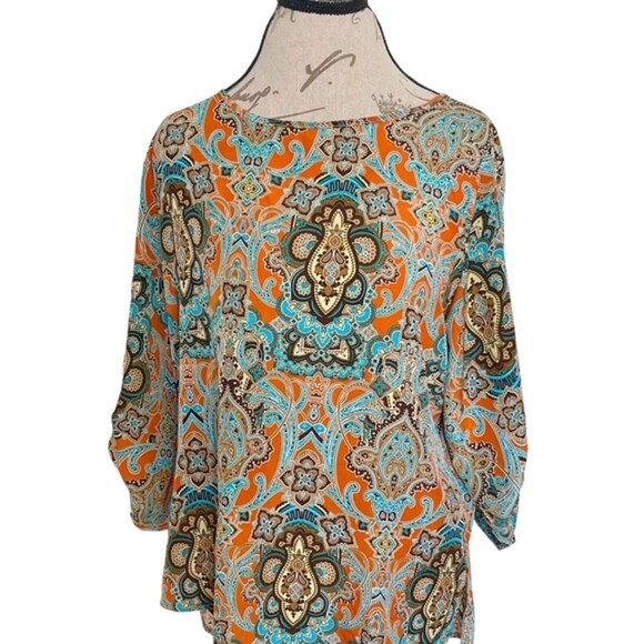 Akoz Womens Blouse Boho Bohemian Long Rolled Up Button Sleeve Size Large Retro - Picture 4 of 12